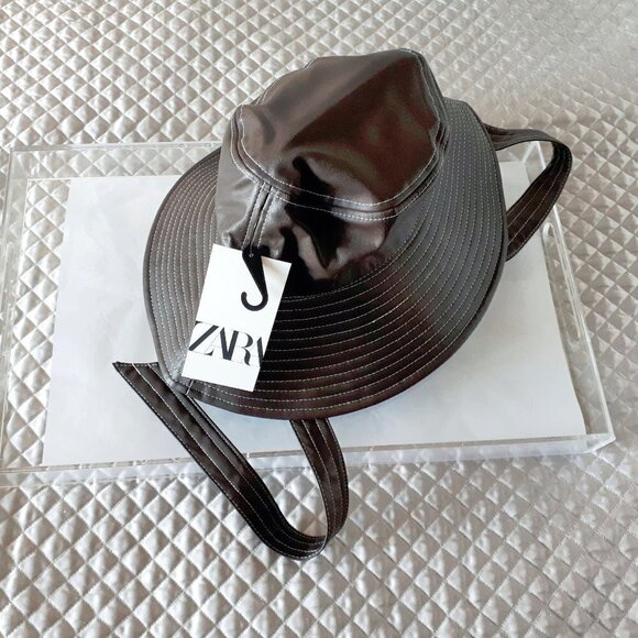 NWT Zara brown faux leather bucket hat with self-tie detail, S - Picture 9 of 12